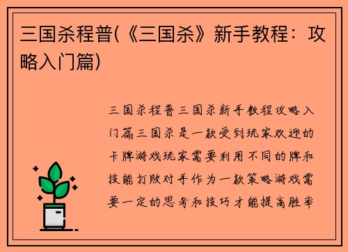 三国杀程普(《三国杀》新手教程：攻略入门篇)